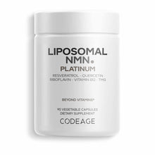 White plastic jar labeled "Liposomal NMN Platinum" by Codeage containing 90 vegetable capsules.