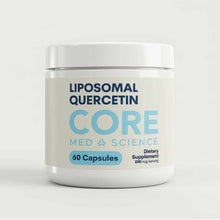 White plastic jar with blue label showing "Liposomal Quercetin Core Med Science 60 Capsules 200 mg/serving" text.