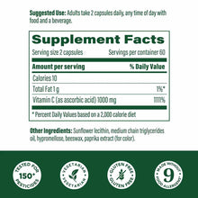 Supplement Facts label for Liposomal Vitamin C showing 1000mg per serving, ingredient list, and certification badges.