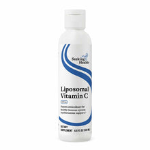 White bottle of Seeking Health Liposomal Vitamin C liquid supplement with blue logo and label, 4.6 fl oz.