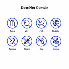 Eight allergen icons with prohibition symbols indicating the product does not contain dairy, egg, fish, shellfish, peanuts, g