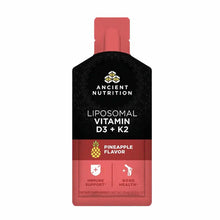 Ancient Nutrition liposomal Vitamin D3 + K2 gel pack in pineapple flavor with red and black packaging.