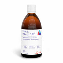 Amber glass bottle of Liquid Omega-3 TG with white cap and label featuring product name and 3Care branding.