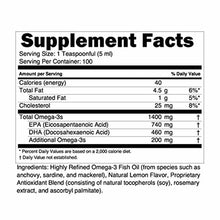 Supplement Facts label for Liquid Omega-3 TG showing nutritional information including 1400 mg total Omega-3s per serving.