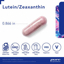 Pink capsule supplement measuring 0.866 inches with Lutein/Zeaxanthin product text and certification badges displayed.