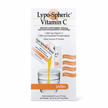 Lypo-Spheric Vitamin C supplement box showing liquid packets pouring into water glass, 30 packets by LivOn.