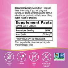 Nature's Way Maca Root supplement label showing 525 mg serving size, dosage instructions, and certifications for gluten-free,