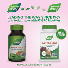 Two Nature's Way Maca Root supplement bottles with green caps containing 100 vegan capsules each, shown side by side on pink