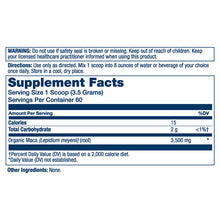 Maca Root Powder supplement facts label showing 60 servings of 3.5 grams with directions and warnings.
