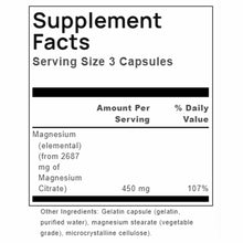 Supplement Facts label showing magnesium citrate 450 mg per 3-capsule serving with 107% daily value and other ingredients lis