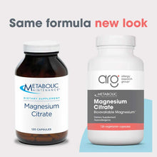 Two bottles of Magnesium Citrate dietary supplement showing old dark glass bottle and new white bottle design.