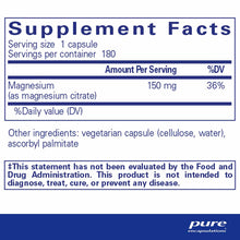 Supplement Facts label for Pure Encapsulations Magnesium citrate showing 150 mg per capsule, 180 servings per container.