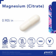 White capsule of Magnesium (Citrate) supplement, 0.905 inches, with certification badges for gluten-free, GMO-free, soy-free,
