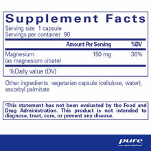 Supplement Facts label for Pure Encapsulations Magnesium citrate showing 150mg per capsule, 90 servings per container.