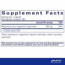 Supplement Facts label for magnesium glycinate capsules showing 120 mg per serving and 360 servings per container.