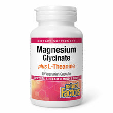 White supplement bottle with pink and orange label reading "Magnesium Glycinate plus L-Theanine, 90 Vegetarian Capsules" by N