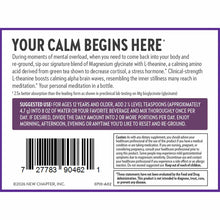 Back of New Chapter Magnesium + L-Theanine supplement label with product description, usage instructions, barcode, and cautio