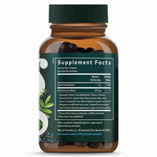 Brown glass bottle with green cap containing dark capsules and Supplement Facts label with herbal ingredients list.
