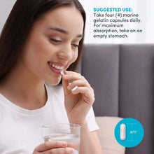 Woman taking a white capsule with a glass of water, with suggested use instructions displayed.
