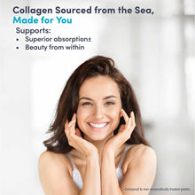 Woman with brown hair touching her face, smiling at camera with text about marine collagen peptides and hyaluronic acid suppl