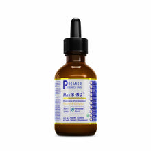 Brown glass dropper bottle of Max B-ND Vitamin B Complex supplement by Premier Research Labs, 2 fl oz size.