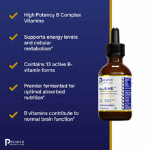 Brown glass dropper bottle of Max B-ND vitamin B complex supplement by Premier Research Labs with black cap and product label