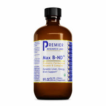 Brown glass bottle of Max B-ND Probiotic-Fermented Vitamin B Complex by Premier Research Labs, 8 fl oz, with black cap and wh