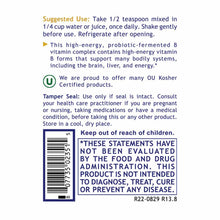 Supplement label for Max B-ND B Vitamin Complex showing usage instructions, OU Kosher certification, tamper seal warning, and