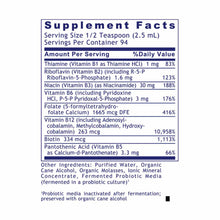 Supplement Facts label showing B vitamin complex ingredients including thiamine, riboflavin, niacin, B6, folate, B12, biotin,