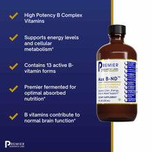 Brown glass bottle of Max B-ND B Vitamin Complex by Premier Research Labs, 8 fl oz, with black cap and white label.
