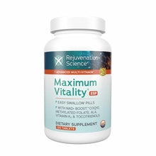 White bottle of Maximum Vitality ESP dietary supplement tablets by Rejuvenation Science with teal and orange label, 120 count