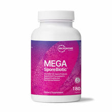 White bottle with purple and pink label showing "MEGA SporeBiotic" by Microbiome Labs, containing 180 capsules.