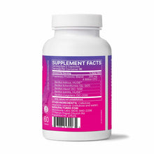 White bottle with magenta label showing supplement facts for Mega SporeBiotic probiotic capsules by Microbiome Labs.