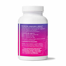 White bottle with purple label containing Mega SporeBiotic capsules and usage instructions.