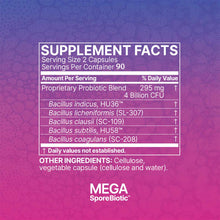 Supplement Facts label for Mega SporeBiotic showing probiotic blend ingredients and serving information on purple-to-pink gra