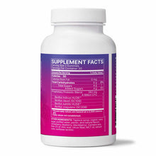 White bottle with purple label displaying supplement facts for probiotic gummies with 30 servings per container.
