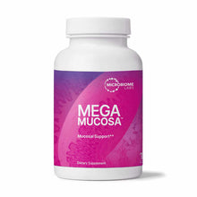 White bottle with purple and pink label reading "Mega Mucosa" by Microbiome Labs, 180 capsules dietary supplement.
