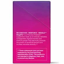 Purple and magenta gradient box of Megapre Precision Prebiotic supplement stick packs with white text and FDA disclaimer.
