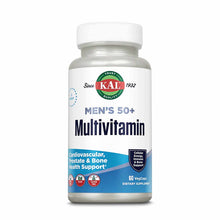 Kal Men's 50+ Multivitamin bottle with white cap and blue label containing 60 vegcaps.