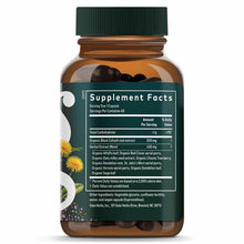 Amber glass bottle with green cap containing dark capsules and label showing supplement facts for herbal menopause support fo