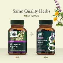 Gaia Herbs Menopause Support Daytime supplement bottles showing old and new packaging designs side by side.