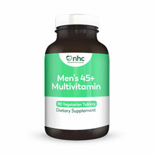 Brown glass bottle with white cap and green label reading "Men's 45+ Multivitamin" by nhc, containing 90 vegetarian tablets.