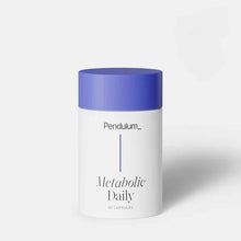 White cylindrical bottle with blue cap labeled "Pendulum Metabolic Daily, 30 capsules."