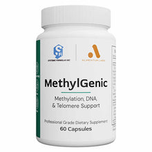 White bottle of MethylGenic dietary supplement by Alimentum Labs containing 60 capsules with a white cap.