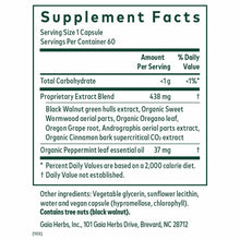 Supplement Facts label for Microbiome Cleanse capsules showing serving size, ingredients including black walnut extract and p