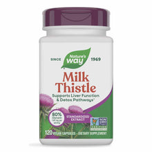 White bottle with purple cap containing Nature's Way Milk Thistle Standardized Extract, 120 vegan capsules, featuring purple