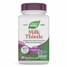 Nature's Way Milk Thistle bottle with purple cap, 60 vegan capsules, standardized extract with silymarin.