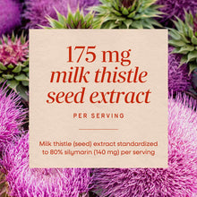Cream-colored label with red text displaying "175 mg milk thistle seed extract per serving" on purple thistle flower backgrou