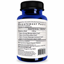 Blue bottle with black cap containing organic herbal supplement capsules with white label showing ingredient and usage inform