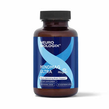 Dark amber glass bottle with black screw cap labeled "MindMag Ultra" by Neurobiologix, containing 90 vegetarian capsules.